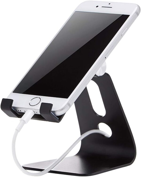 Amazon Basics Adjustable Aluminum Cell Phone Desk Stand for iPhone and Android, Black, 3.3 x 3 x 4.2 Inch (LxWxH)