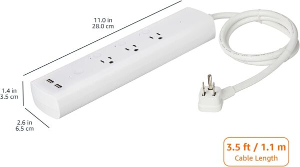 Amazon Basics Rectangular Smart Plug Power Strip, Surge Protector with 3 Individually Controlled Smart Outlets and 2 USB Ports, 2.4 GHz Wi-Fi, Works with Alexa, White, 11.02 x 2.56 x 1.38 in - Image 4