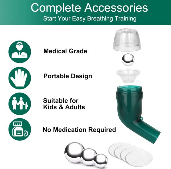 Breathing Exercise Device for Lungs, Lung Expansion and Mucus Relief Device, Portable Expiratory Breathing Exerciser with A Set of Accessories, Breathing Trainer for Lung Cleanse(Green) - Image 2