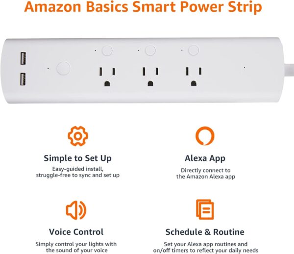 Amazon Basics Rectangular Smart Plug Power Strip, Surge Protector with 3 Individually Controlled Smart Outlets and 2 USB Ports, 2.4 GHz Wi-Fi, Works with Alexa, White, 11.02 x 2.56 x 1.38 in - Image 2