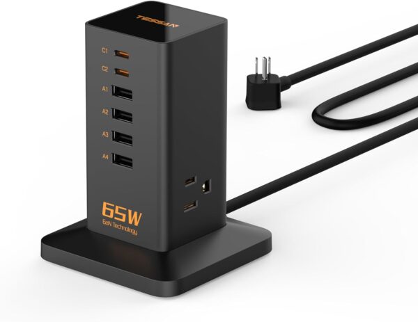 Charging Station for Multiple Devices 65W, TESSAN 6 USB Fast GaN Charger Station for iPhone 14/15, MacBook, Tablet, Type C Desktop Charger with 3 Outlets, Home Travel Office Accessories