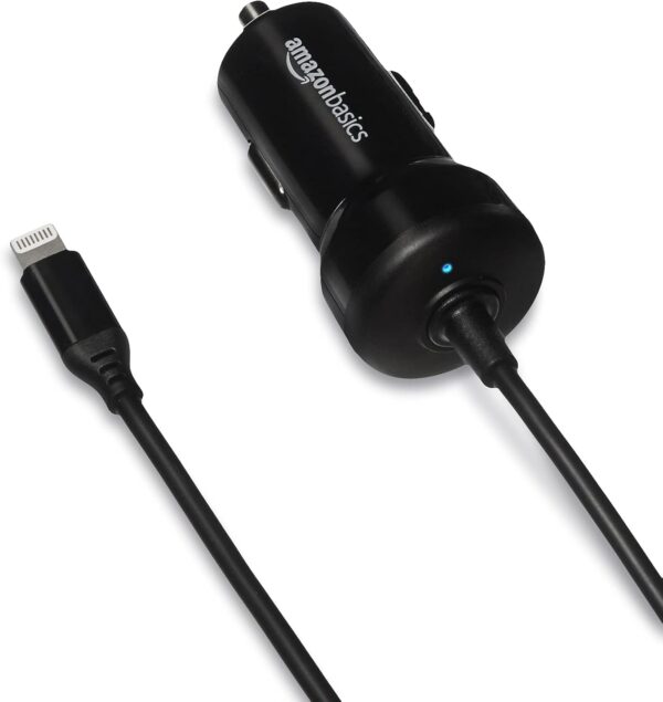 Amazon Basics 12W (5V, 2.4A) Car Charger with Lightning Cable (Coiled) for iPhone and Apple Devices, 1.5 ft - Black - Image 4