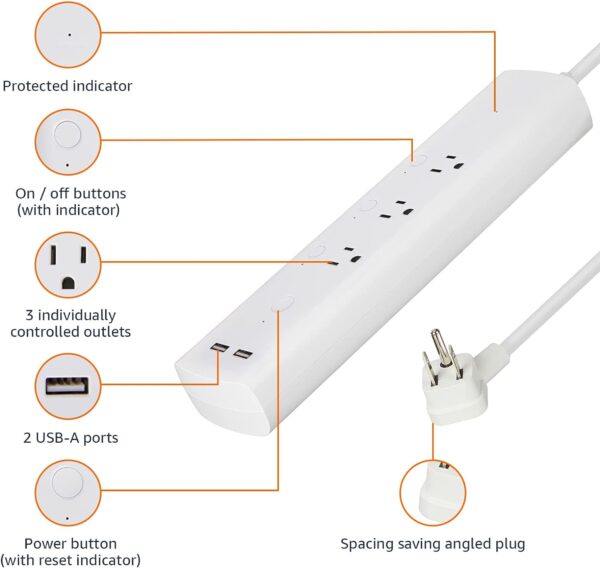 Amazon Basics Rectangular Smart Plug Power Strip, Surge Protector with 3 Individually Controlled Smart Outlets and 2 USB Ports, 2.4 GHz Wi-Fi, Works with Alexa, White, 11.02 x 2.56 x 1.38 in - Image 3