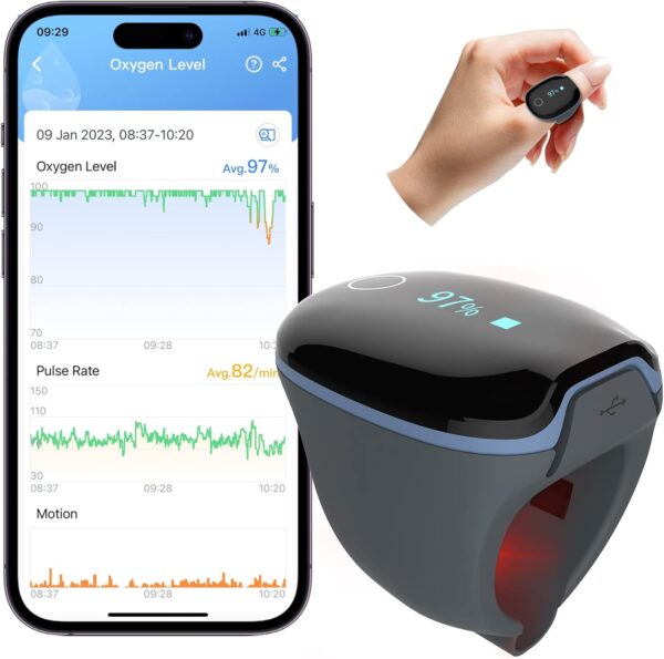 Wellue O2Ring Pulse Oximter, Bluetooth SPO2 Blood Oxygen Saturation Monitor - Wearable O2 Ring Sensor with Vibration Reminder, Free APP & PC Report, Rechargeable