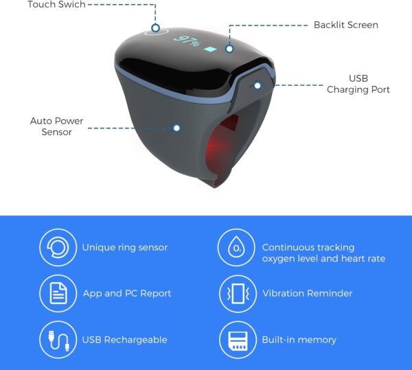 Wellue O2Ring Pulse Oximter, Bluetooth SPO2 Blood Oxygen Saturation Monitor - Wearable O2 Ring Sensor with Vibration Reminder, Free APP & PC Report, Rechargeable - Image 3