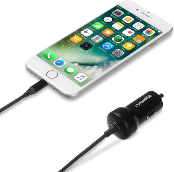 Amazon Basics 12W (5V, 2.4A) Car Charger with Lightning Cable (Coiled) for iPhone and Apple Devices, 1.5 ft - Black - Image 3