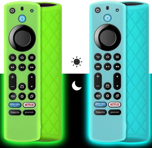 Pinowu Silicone Remote Case (2pcs, Glow in The Dark) for Firestick 4K Max (2nd)/ Toshiba/Insignia/Pioneer/Omni (QLED) Series Alexa Voice Remote Enhanced w/Lanyard (Green + Turquoise)