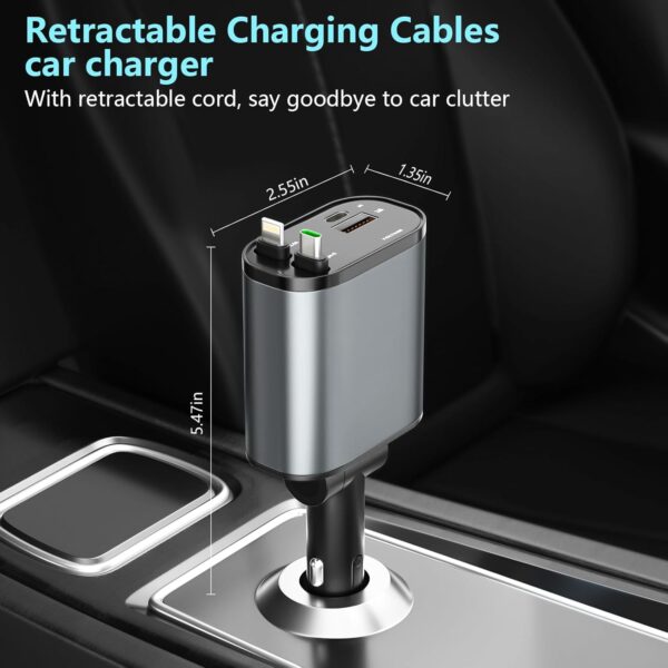 Retractable Car Charger, 4 in1 Fast Car Phone Charger 120W, 2.7Ft Retractable Cables and 4 Electronic Ports, Car Charger Compatible for iOS & Android Cell Phones All Device Charging - Image 7