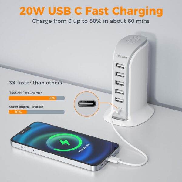 USB Charging Station for Multiple Devices 40W, TESSAN Phone Charger Tower for iPhone 13/14/15, ipad, Tablet, Smartphone USB Charging Hub with 6 Charging Ports, Home Travel Office Accessories - Image 3