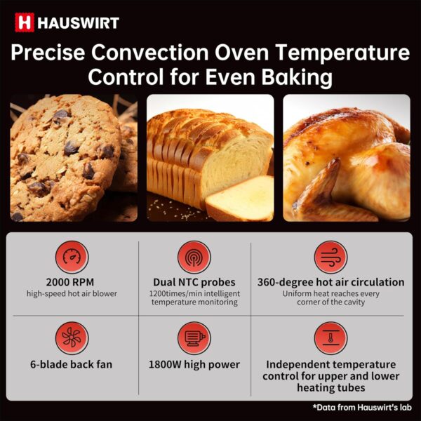 HAUSWIRT C45 Smart Convection Oven with Thermometer, 42QT XL Large Capacity Oven, Double Bake, 8 Menu Modes Countertop Oven, Four-tier Baking Rack, LED Display, 1800W, 80°F - 500°F, Non-Stick, White - Image 3