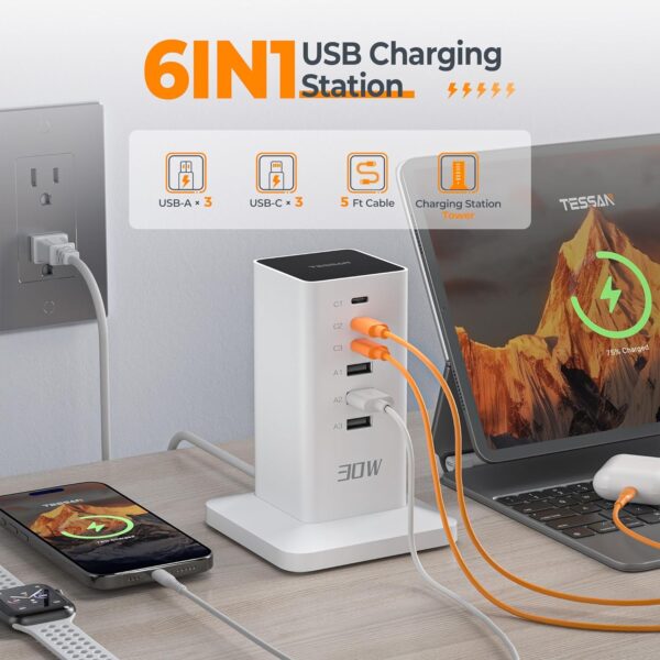 USB Charging Station 30W, TESSAN Phone Charger for Multiple Devices, Charging Hub with 6 USB Ports, Tower Charging Station for iPhone 14/15, ipad, Earphone, Office Home Dorm Room Accessories - Image 2