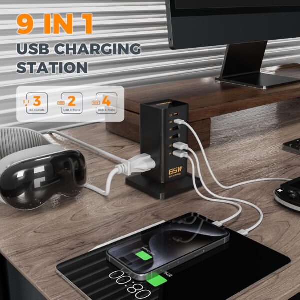 Charging Station for Multiple Devices 65W, TESSAN 6 USB Fast GaN Charger Station for iPhone 14/15, MacBook, Tablet, Type C Desktop Charger with 3 Outlets, Home Travel Office Accessories - Image 2