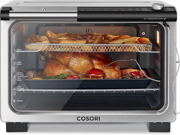 COSORI Ceramic Air Fryer Toaster Oven Combo, 13-in-1 Flat-Sealed Heating Elements for Easy Cleanup, Innovative Burner Function, 8 Accessories & Recipes, 26QT, Silver, Stainless Steel