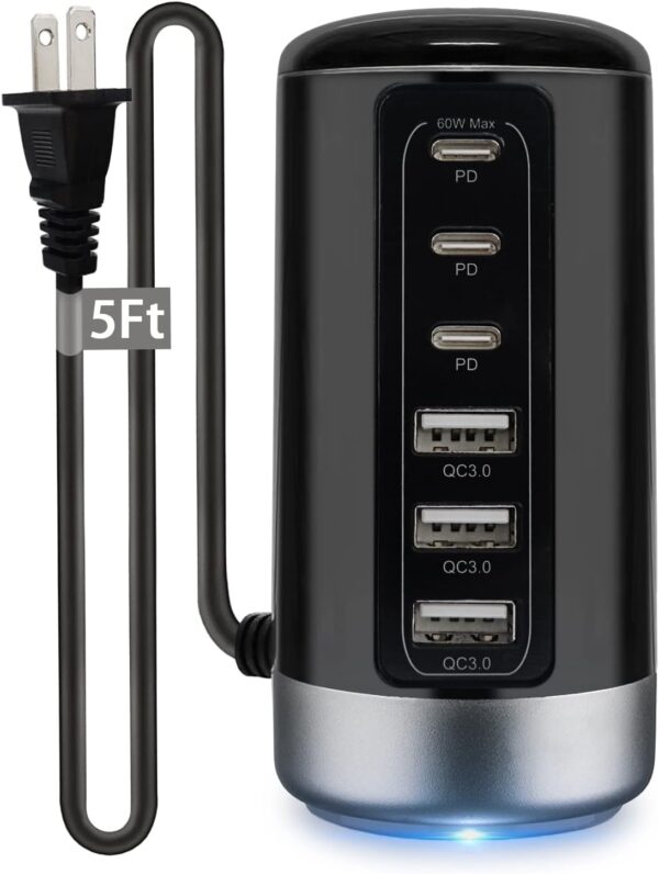 Universal USB & USB C Tower Fast Charging Station 6-Port 60W - Compact, Space-Saving Design with Multiple USB & USB-C Ports for All iPhone Galaxy Note Pixel iPad Multiple Devices