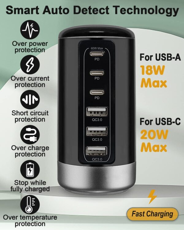 Universal USB & USB C Tower Fast Charging Station 6-Port 60W - Compact, Space-Saving Design with Multiple USB & USB-C Ports for All iPhone Galaxy Note Pixel iPad Multiple Devices - Image 2