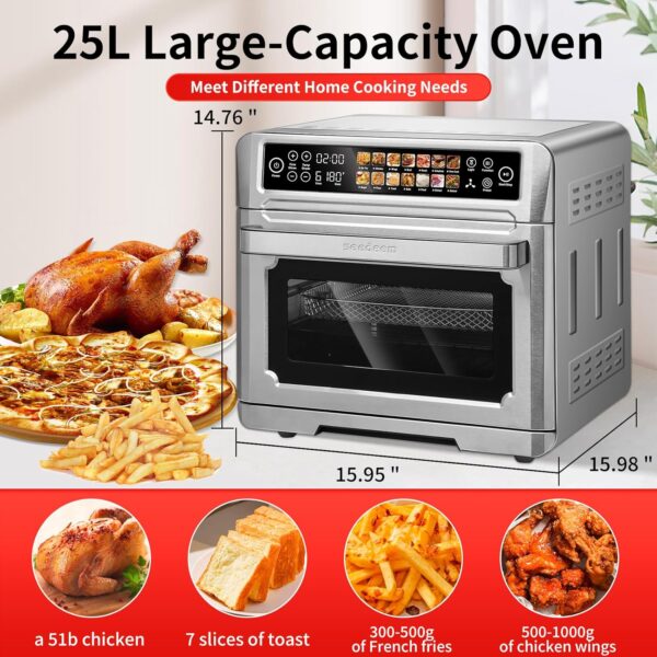 Air Fryer Toaster Oven, SEEDEEM 25L Countertop Convection Oven with Color LCD Display and Touch Screen, 14-in-1 Functions, Stainless Steel Smart Oven with Preset and Timer, Silver Metallic - Image 4