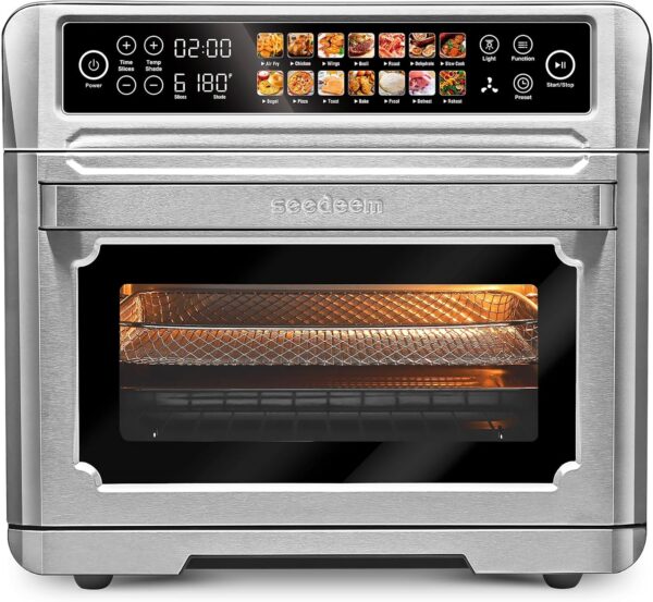 Air Fryer Toaster Oven, SEEDEEM 25L Countertop Convection Oven with Color LCD Display and Touch Screen, 14-in-1 Functions, Stainless Steel Smart Oven with Preset and Timer, Silver Metallic